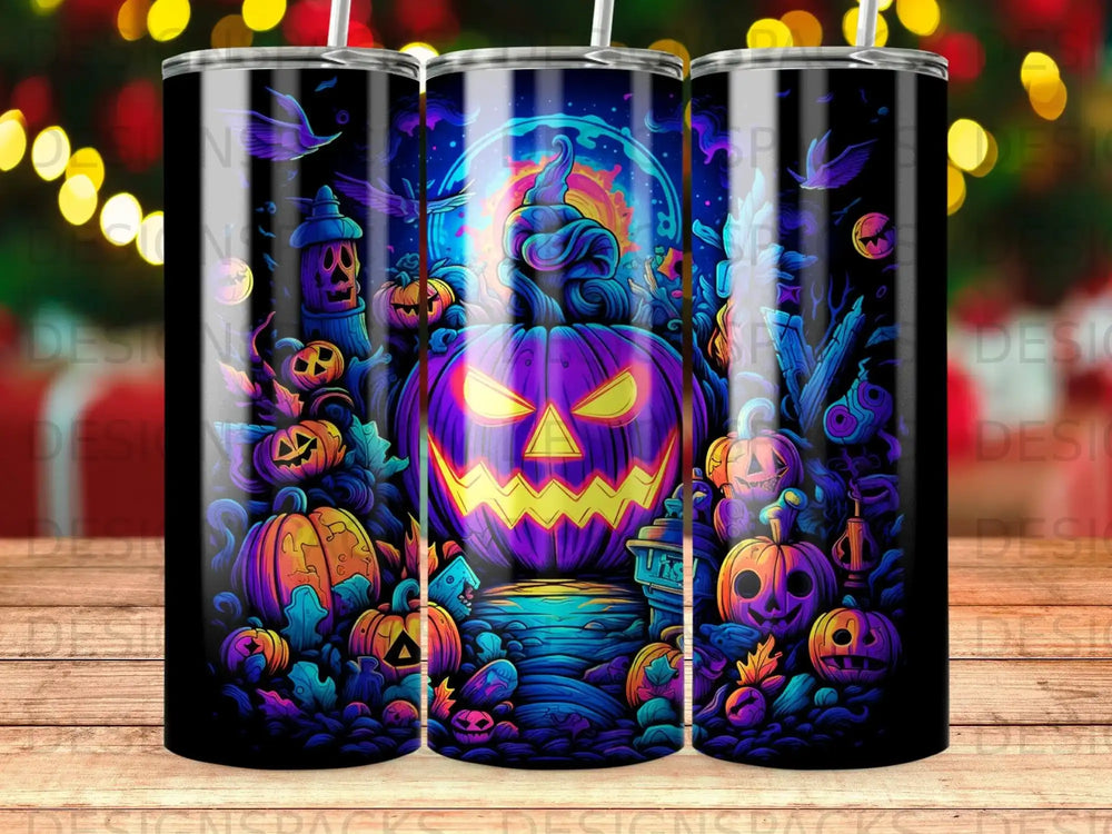 Halloween tumbler with spooky pumpkins, bats, and moon.