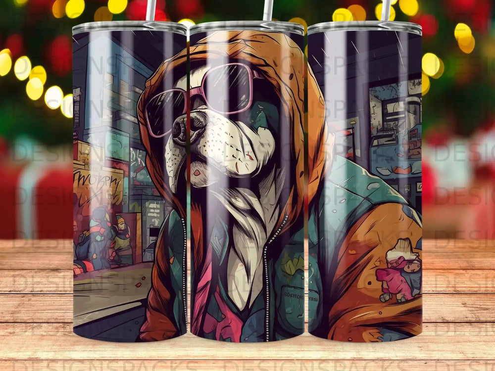 Dog wearing sunglasses and hoodie, with cartoon tattoos, on a tumbler.