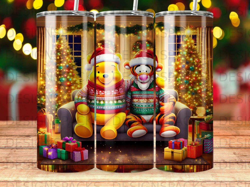 Winnie the Pooh and Tigger in Santa hats on a couch with Christmas gifts.