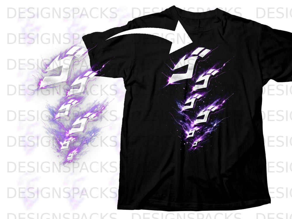 Black t-shirt with a white lightning bolt design and purple energy effects.