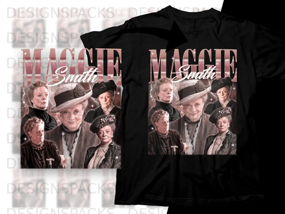 Maggie Smith collage on black t-shirt.