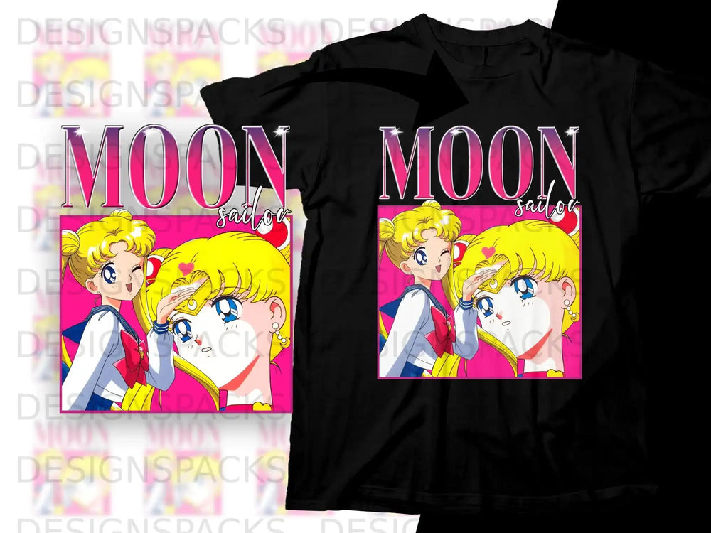 Sailor Moon anime characters on a black t-shirt, with "MOON SAILOR" text.
