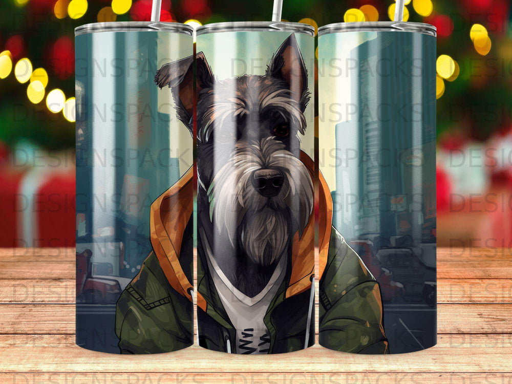 Dog wearing a hoodie and jacket, set against a blurred urban background.