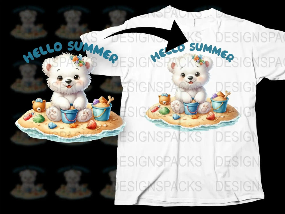 Hello Summer Cute Kitten and Puppy Graphic T-Shirt, Fun Animal Beach Party Design, Ice Cream and Toys Kids Tee