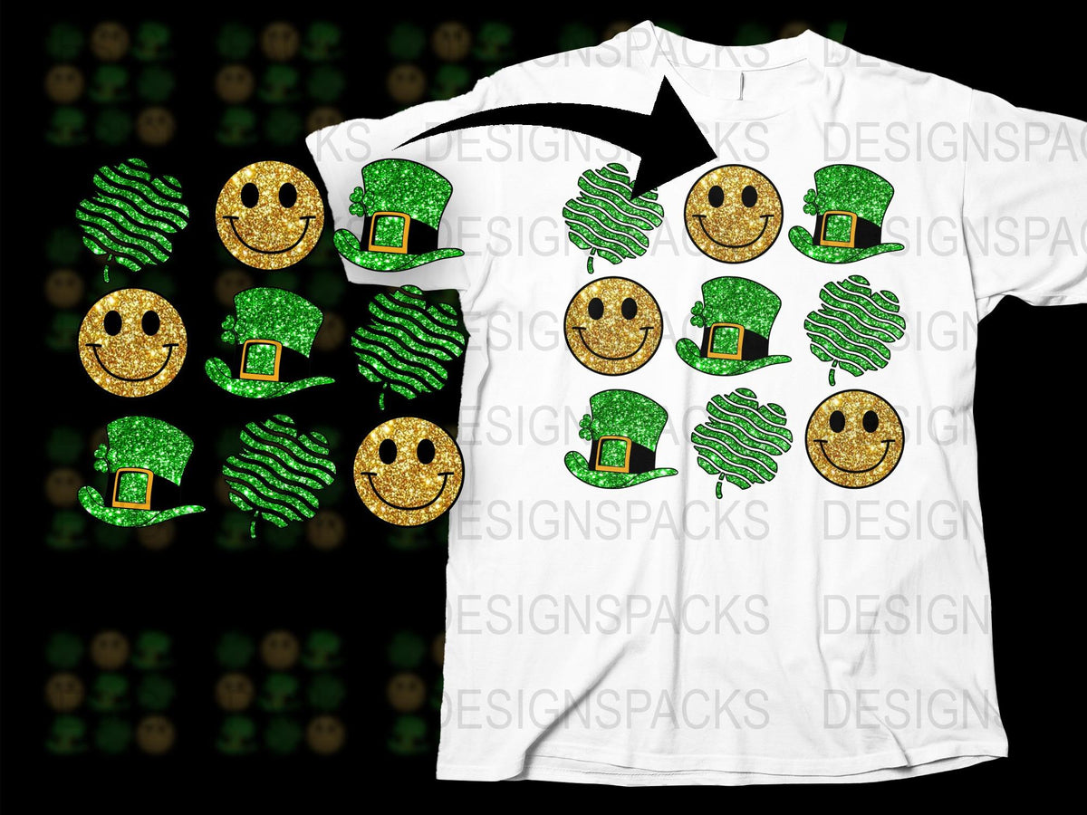St. Patrick's Day T-Shirt, Smiley Face with Irish Hat, Green Glitter Design, Unisex Adult Sizes
