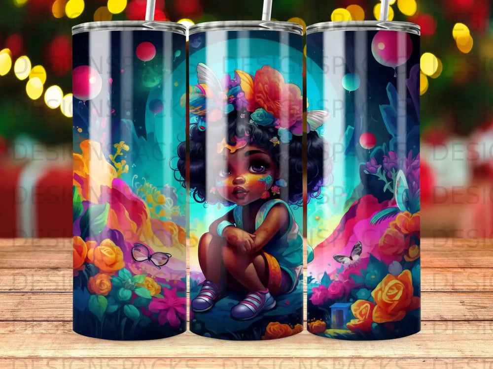 Child with butterflies and vibrant flowers on a tumbler.