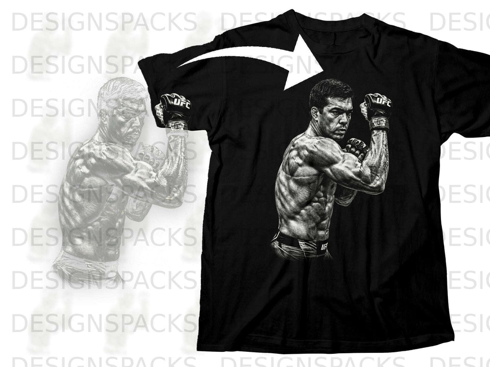 Black t-shirt with a black and white illustration of a muscular UFC fighter.