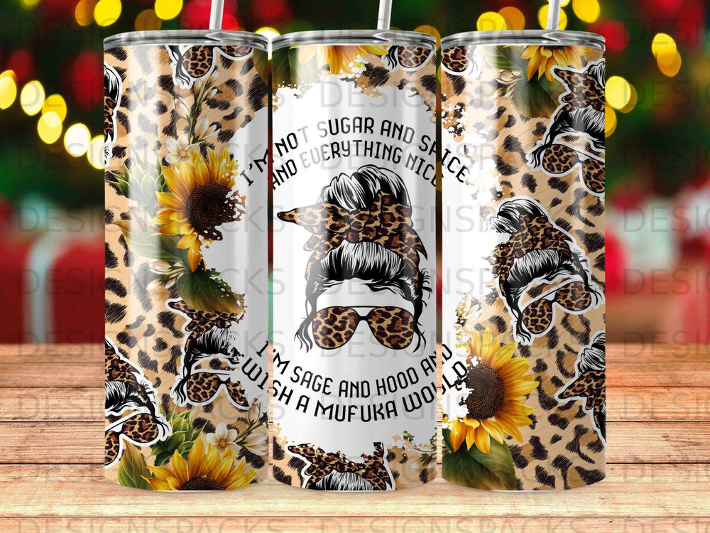 Leopard print tumbler with sunflowers and messy bun skull graphic saying "Sugar and spice and everything nice."