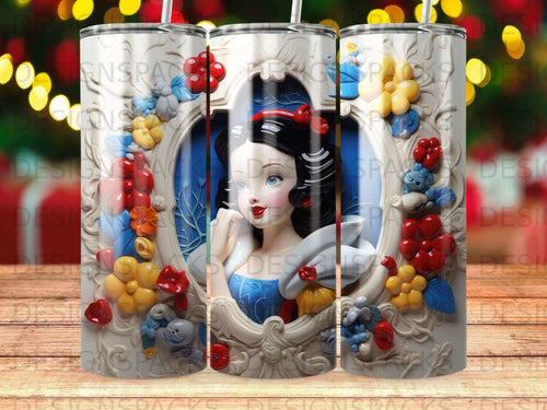 Snow White character with colorful flowers and animals in a decorative frame.