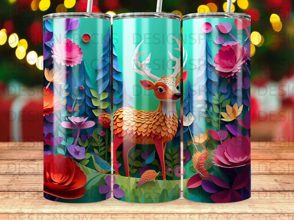 Deer in a floral forest pattern on a teal tumbler.