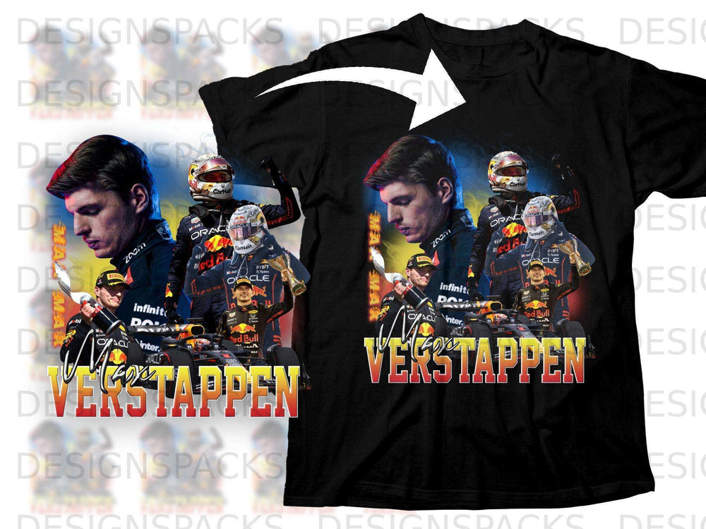 Max Verstappen in Red Bull racing gear with "VERSTAPPEN" text.