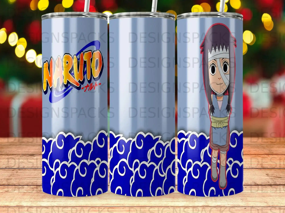 Naruto characters and blue cloud pattern on three tumbler cups.