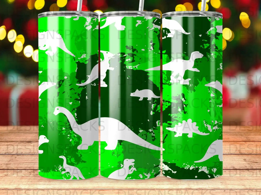 Green and white dinosaur pattern on three insulated tumblers.