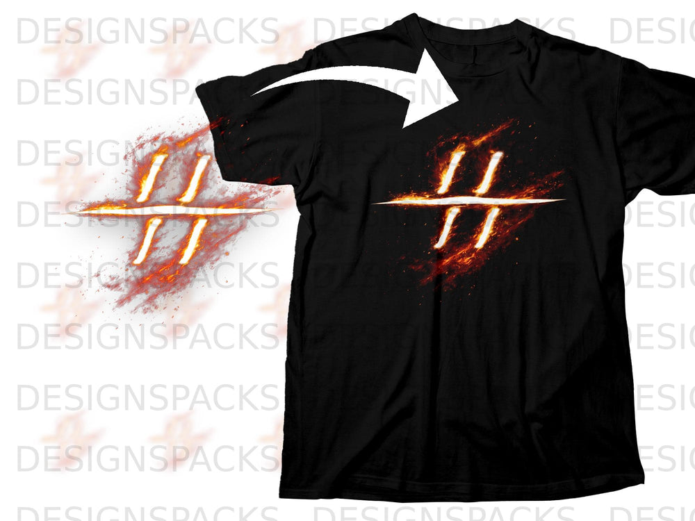 Black t-shirt with a fiery graphic of two parallel lines with two vertical lines on each side.