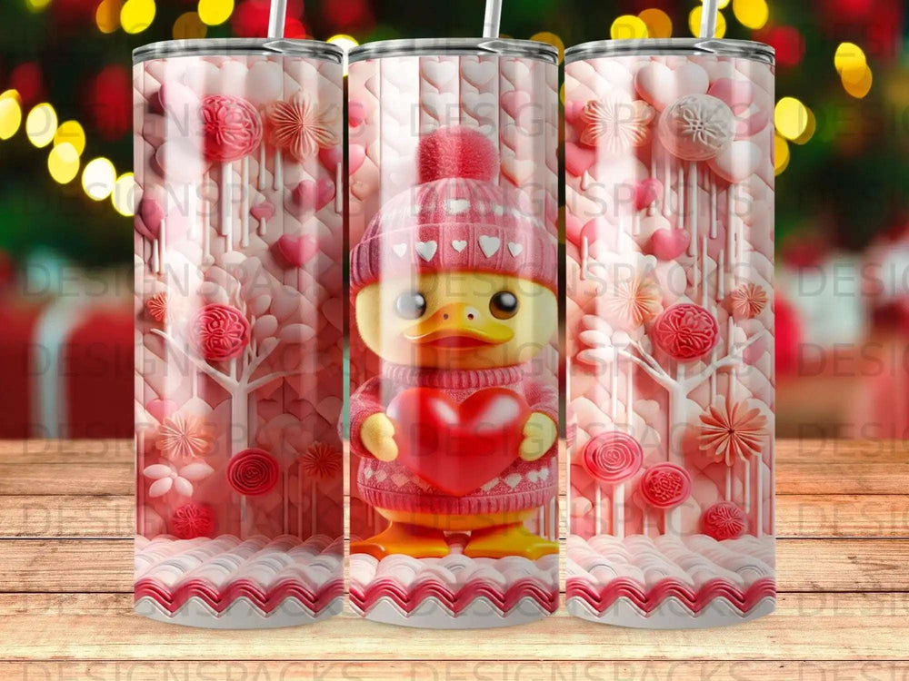 Yellow duck wearing a pink hat and sweater, holding a red heart.