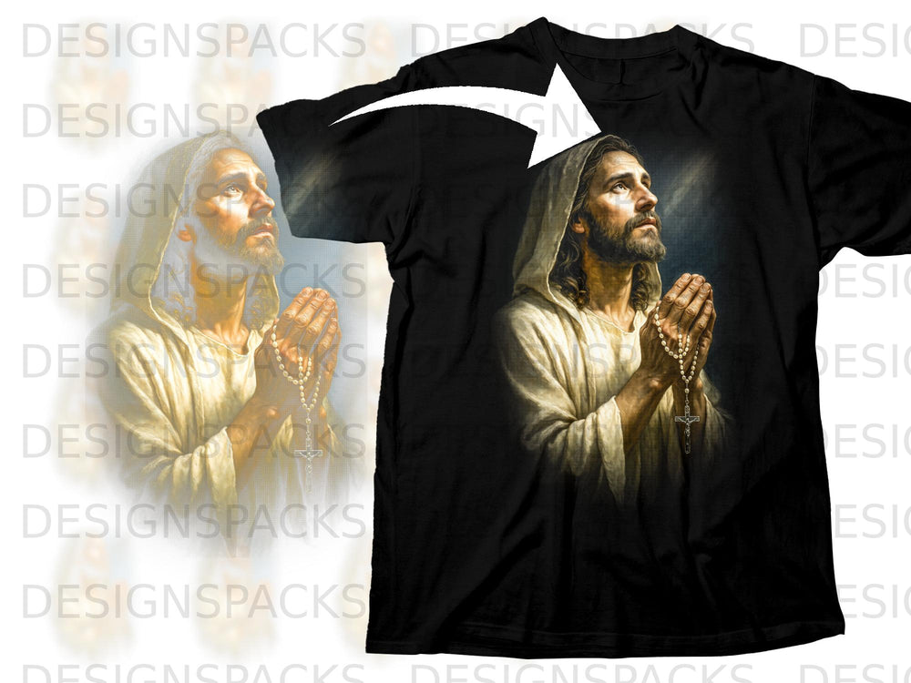 Black t-shirt with Jesus praying and holding rosary beads.