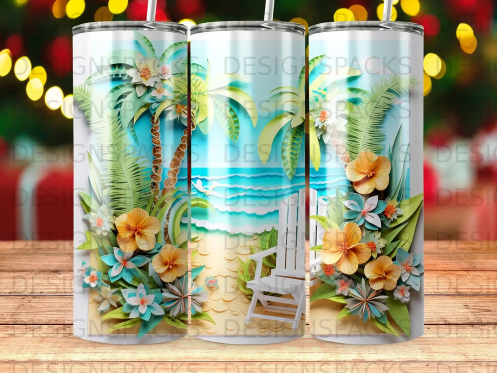 Tropical beach scene with palm trees, beach chair, and flowers on a tumbler.