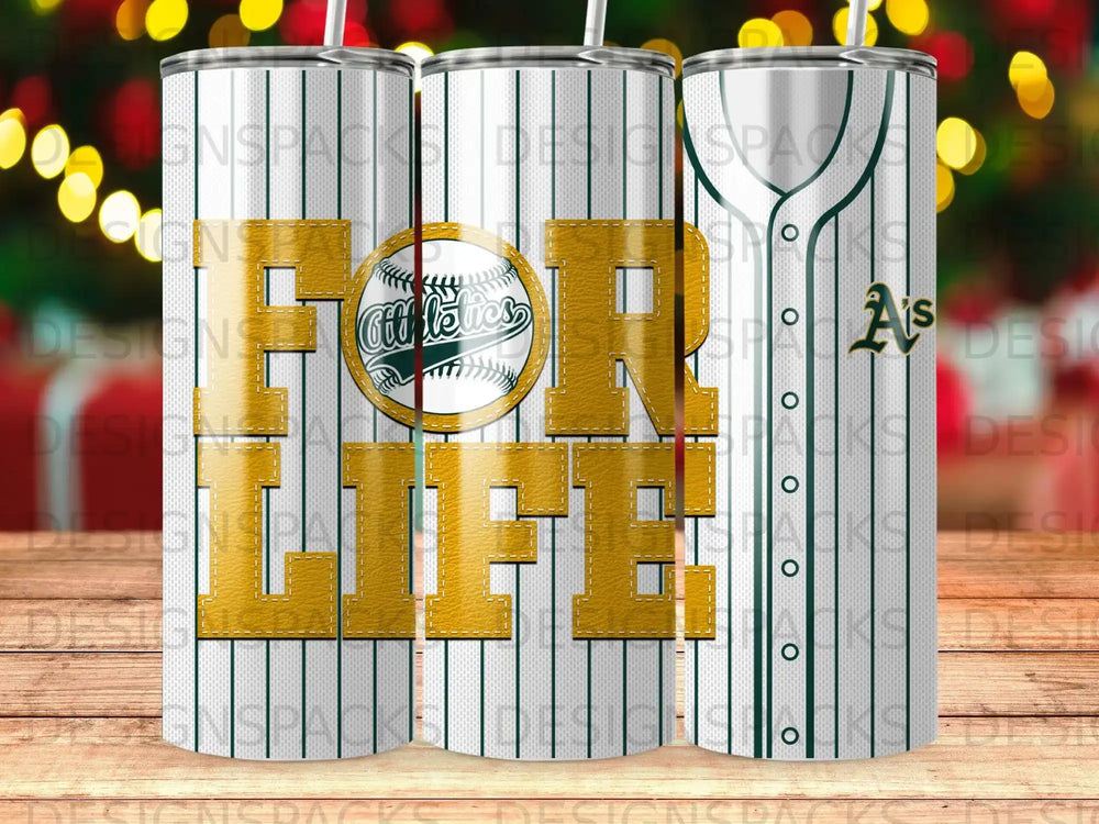 Oakland Athletics "Athletics for Life" tumbler with green and yellow logo.