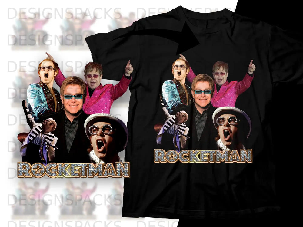 T-shirt graphic with Elton John in sparkly jacket and sunglasses, "Rocketman" text.