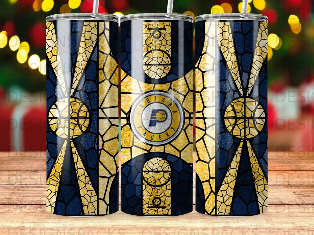 Indiana Pacers logo on a stained-glass pattern tumbler with straws.