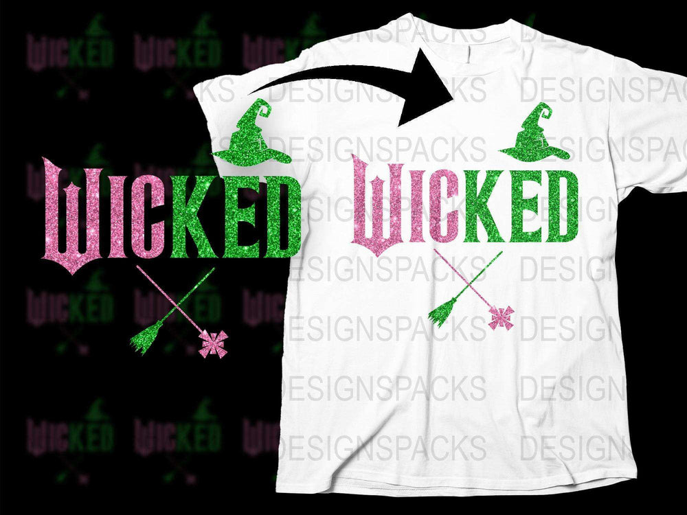 Wicked Witch Glitter T-Shirt, Magical Witch Hat and Wand Sparkle Tee, Halloween Costume Party Apparel, Unique Graphic Tee Design