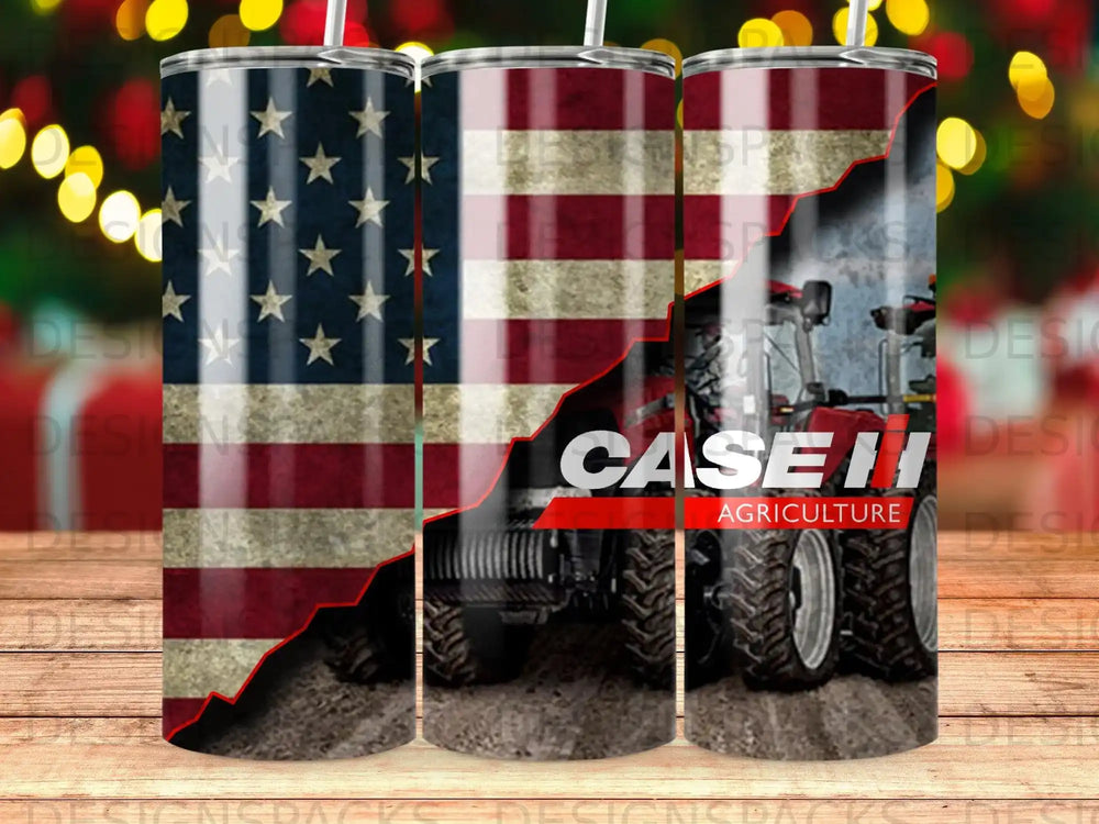 Tumbler with Case IH agriculture logo and American flag design.
