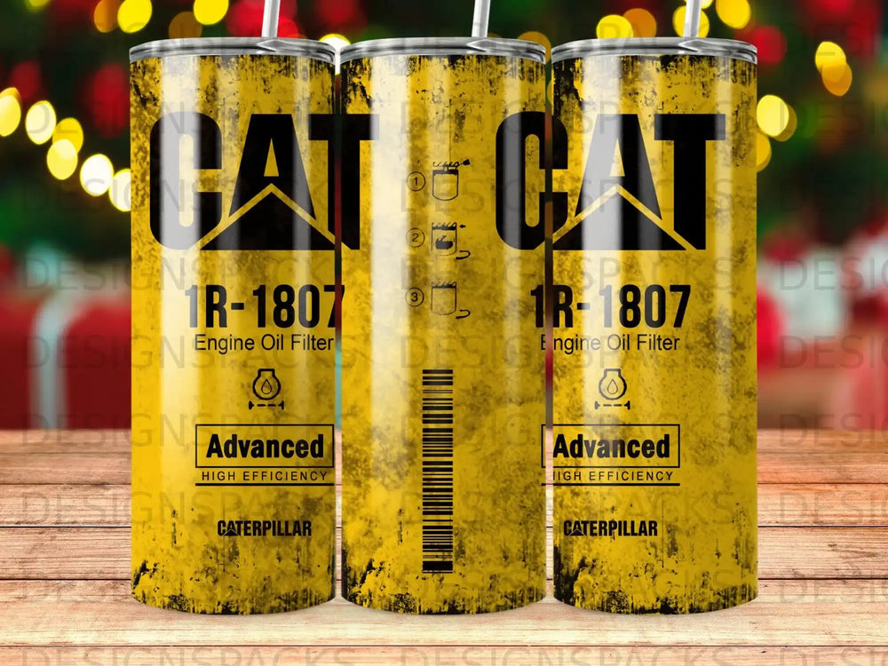 Yellow Caterpillar Engine Oil Filter tumbler with "1R-1807 Advanced High Efficiency" text.