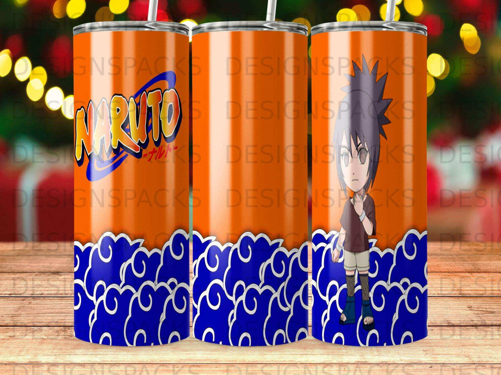 Naruto characters on orange tumblers with blue cloud pattern.