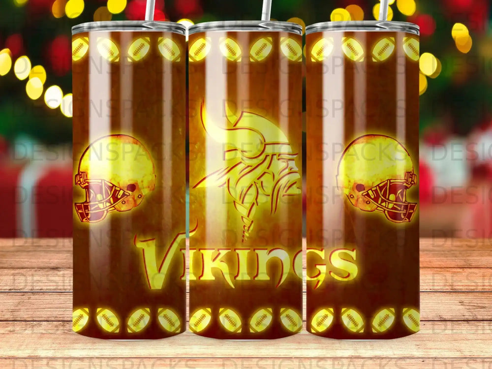 Vikings helmet and logo on a tumbler with football pattern.