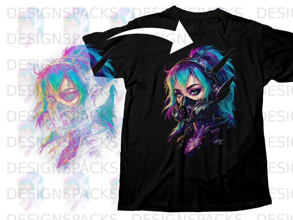 Cyberpunk anime girl with headphones and gas mask on black t-shirt.