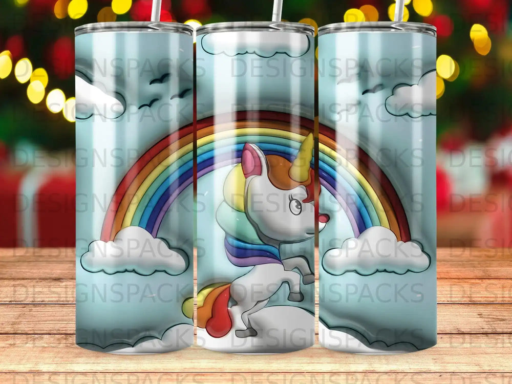 Unicorn with rainbow and clouds on a blue background.