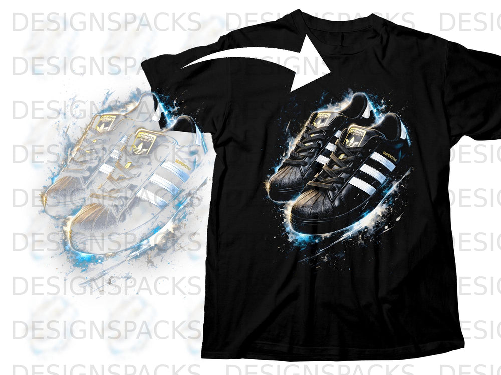 Black t-shirt with a graphic of Adidas Superstar shoes and abstract blue and white splashes.