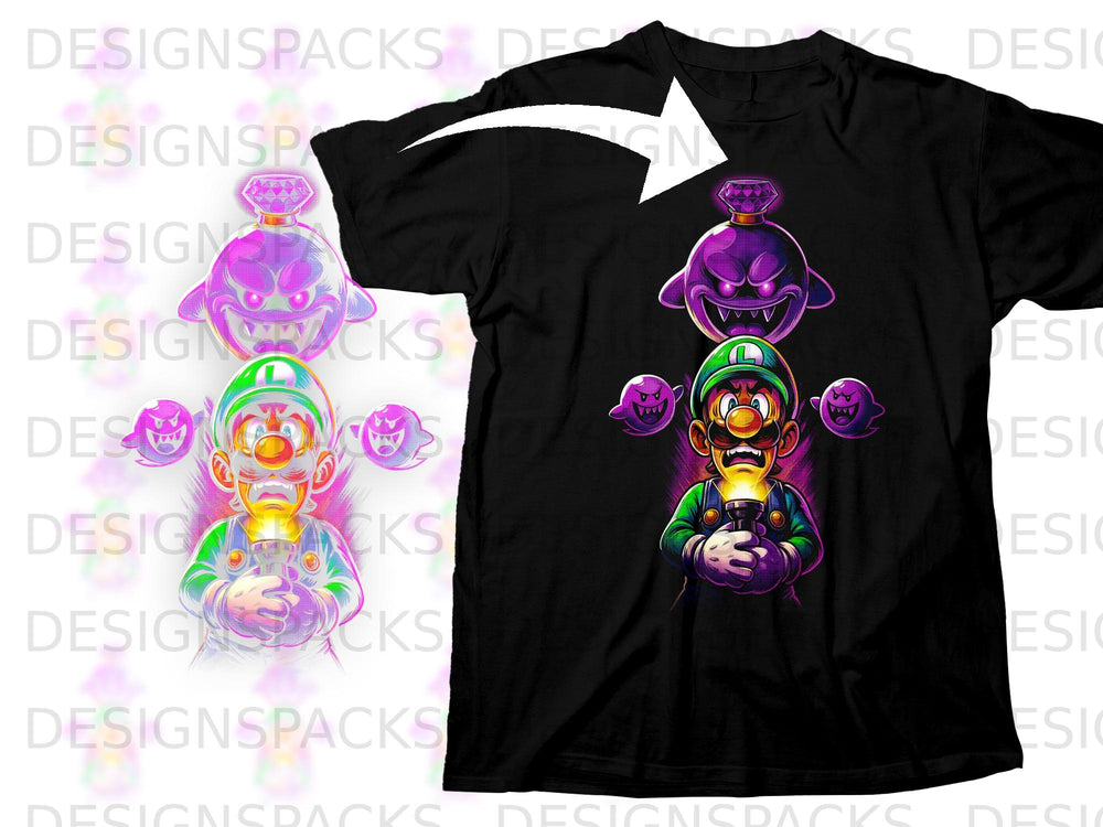 Luigi holds a flashlight surrounded by purple Boo ghosts on a black t-shirt.