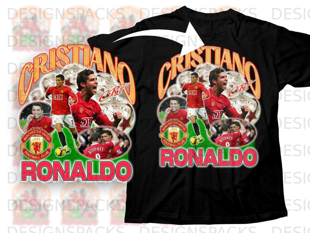 Black t-shirt featuring Cristiano Ronaldo and Rooney of Manchester United.