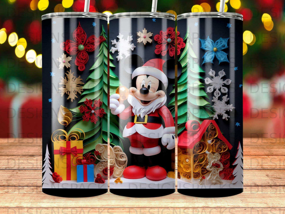 Mickey Mouse in Santa suit with gifts and Christmas trees.