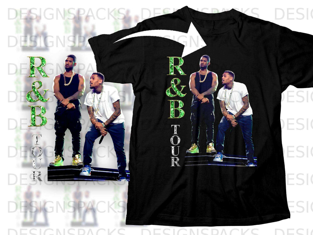 Black t-shirt with R&B TOUR graphic and Usher and Chris Brown.