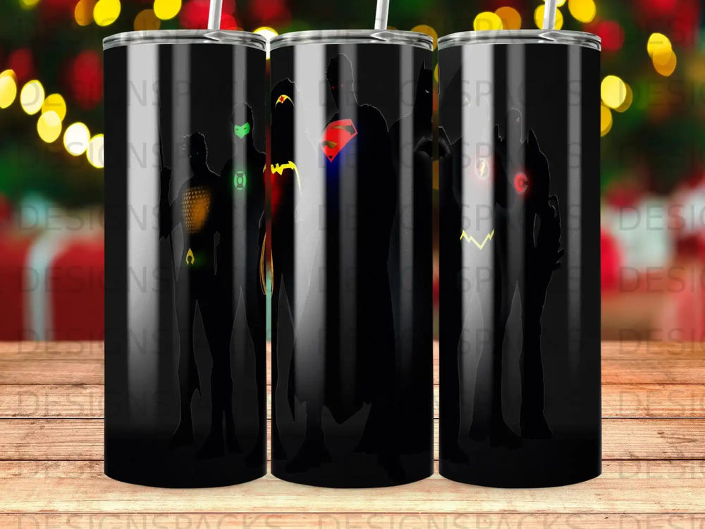 Silhouettes of superheroes with glowing logos on a dark background.