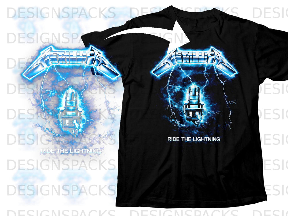 Black t-shirt with "METALLICA" logo and electric chair artwork, "RIDE THE LIGHTNING" text.