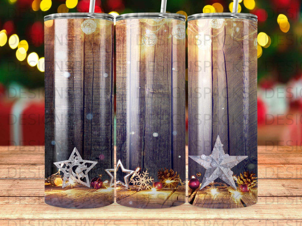 Rustic wooden background with snowflakes, ornaments, and string lights.