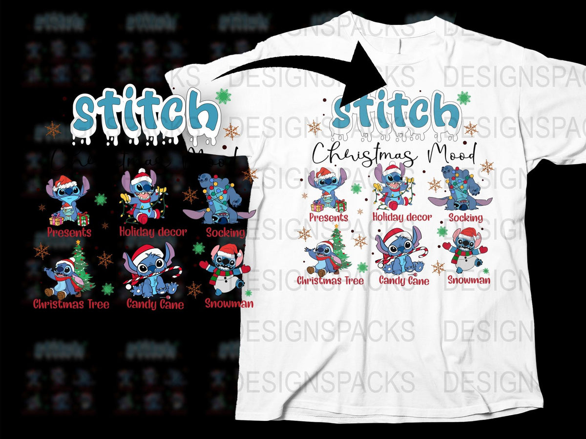 Stitch Christmas T-Shirt, Holiday Mood Cartoon Graphics, Cute Winter Apparel for Kids and Adults