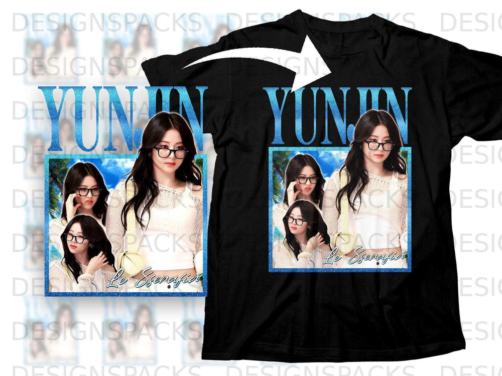 Black t-shirt with graphic of a woman in glasses and text.
