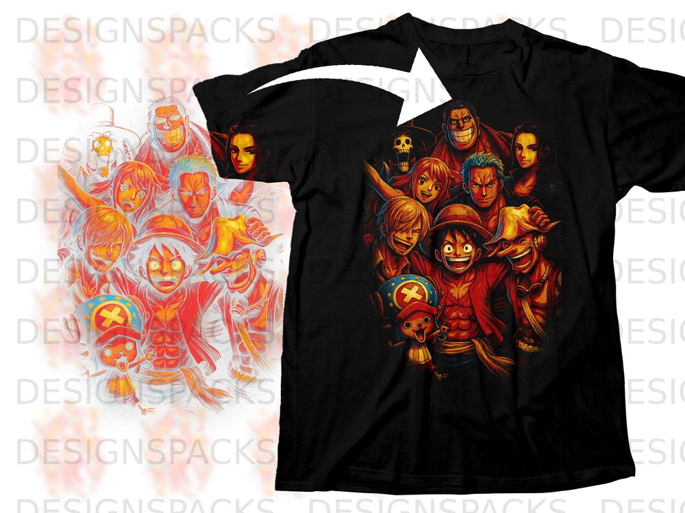 Black t-shirt with One Piece characters, including Luffy, Zoro, and Chopper.