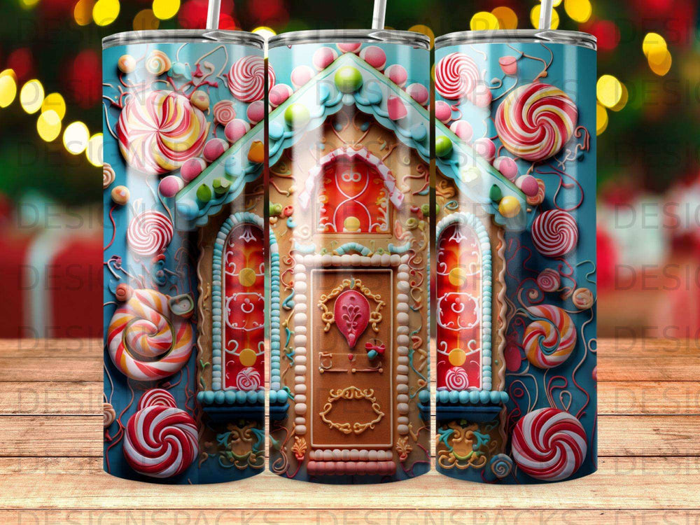 Gingerbread house adorned with candy, lollipops, and swirling candy canes.