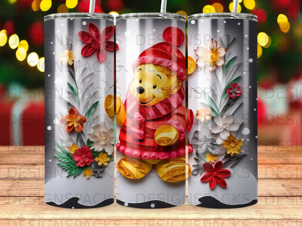 Winnie the Pooh in a red scarf and hat surrounded by snowflakes and paper flowers.