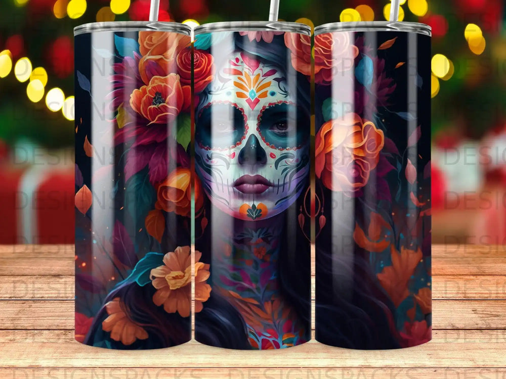 Sugar skull woman with colorful floral designs on a dark background.