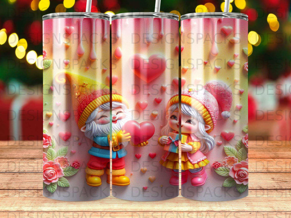 Two gnomes, one holding a heart, the other a gift, on a pink background.