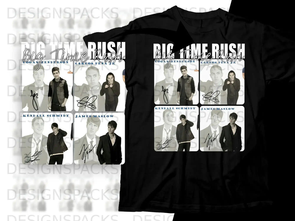 Big Time Rush band members with signatures on black t-shirt.