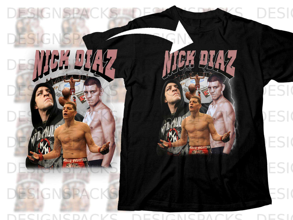 Black t-shirt featuring Nick Diaz with "Nick Diaz" text and fighter graphics.
