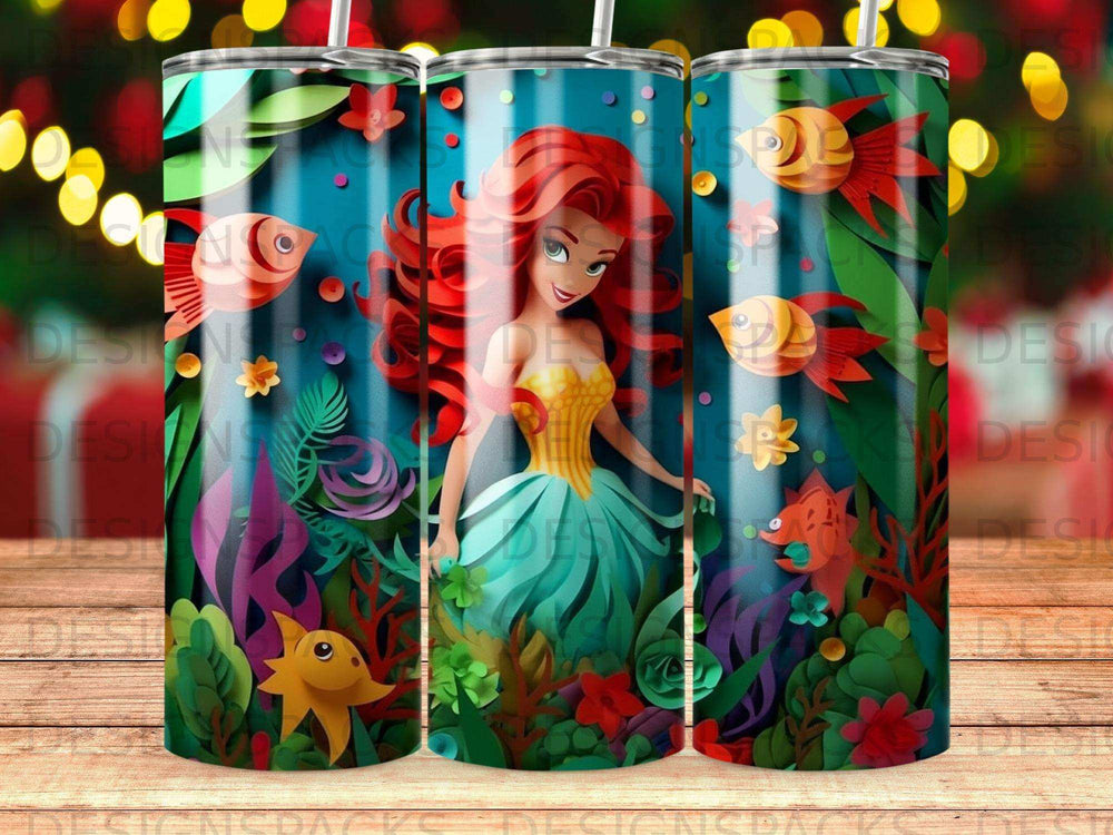 Ariel from The Little Mermaid with fish and underwater foliage.