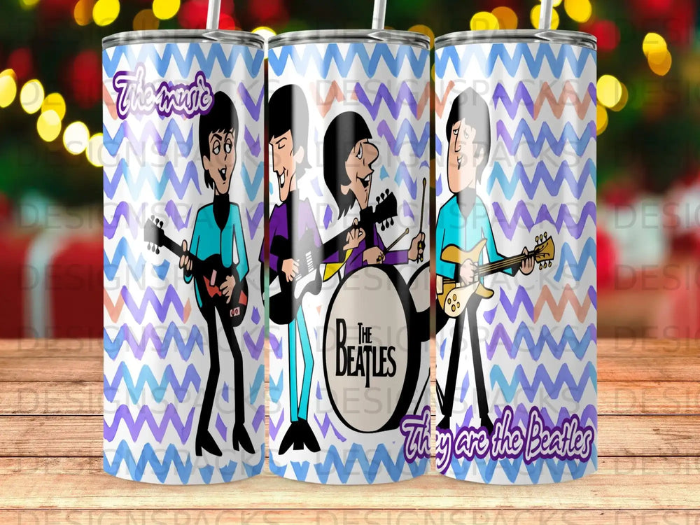 The Beatles cartoon characters playing instruments with "The music" and "They are the Beatles" text.